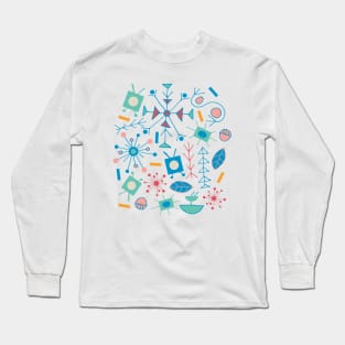 ATOMIC Mid-Century Modern Jet Age Retro Scattered Abstract in Turquoise Blue Red Pink Yellow on Cream - UnBlink Studio by Jackie Tahara Long Sleeve T-Shirt